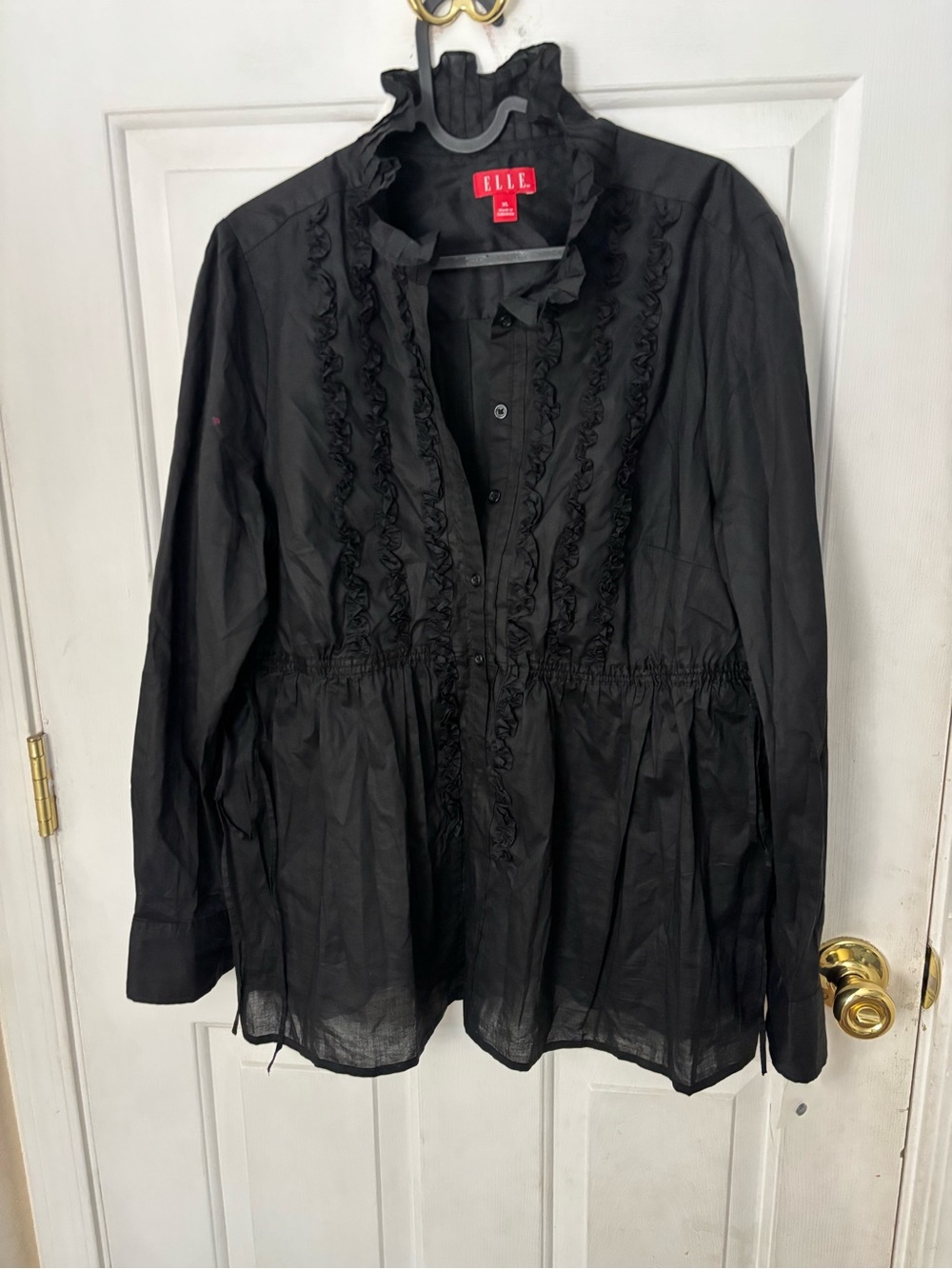 ELLE Black Ruffle-Trim Peplum Button-Down Shirt